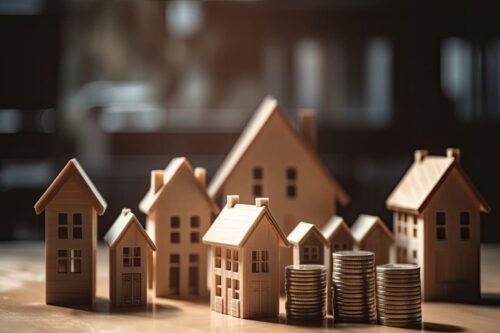 como analisar um fundo imobiliário: varias mini casas de madeiras e pilhas de moedas douradas do lado.