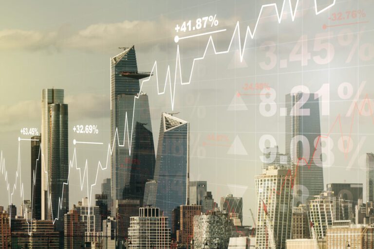desdobramento de ações: prédios no segundo plano e no primeiro um gráfico representando as oscilações do mercado financeiro.