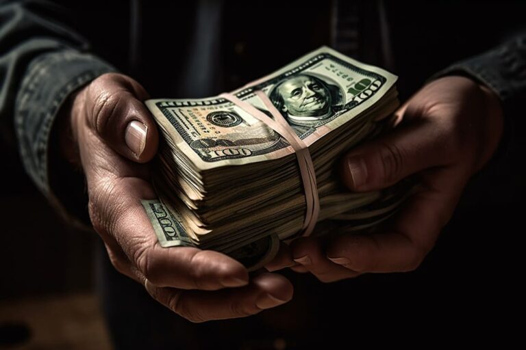 investimentos de alto risco: uma pessoa de pele negra segurando um montante de notas de dólares.