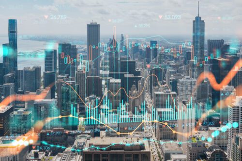 tripé macroeconômico: vários prédios e gráficos.