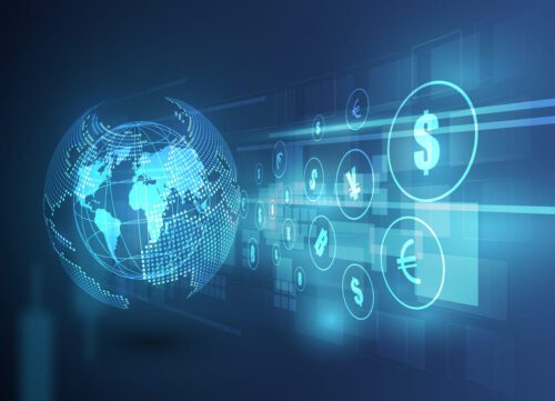 FMI: globo terrestre, ao seu entorno vários símbolos de moedas de diversos países.