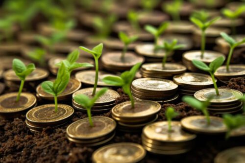 Plantas crescem por dentro de moedas para ilustrar a sustentabilidade trazida pelos green bonds