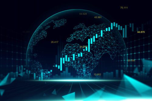 fundo cambial: uma representação do globo terrestre de modo holográfico na cor azul em voltar gráficos de barras.