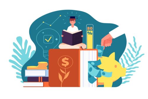 Educação financeira: um vetor mostrando uma imagem de uma pessoa estudando com alguns livros do lado mais um cofrinho de porquinho e algumas notas de dinheiro.