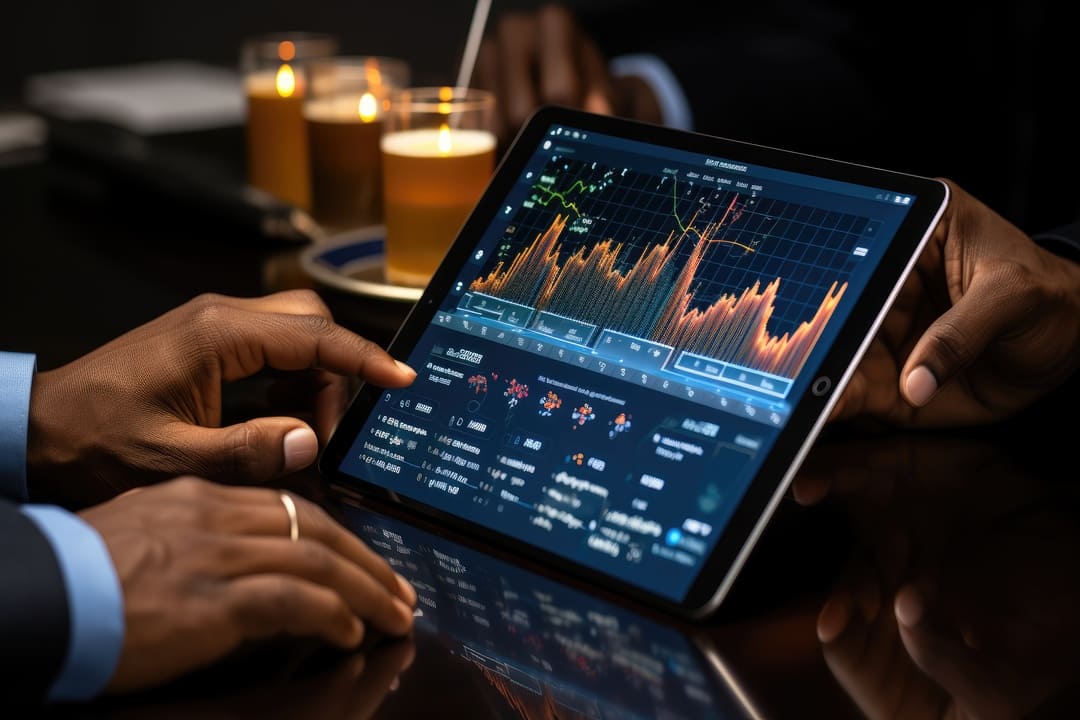 dow jones: um tablet mostrando as oscilações do mercado financeiro por meio de gráficos.
