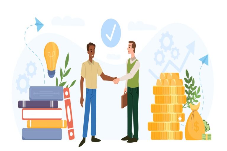 Ancord: Ancord: um vetor representando dois homens apertando as mão. Algumas moedas douradas e livros tem aparece na imagem.