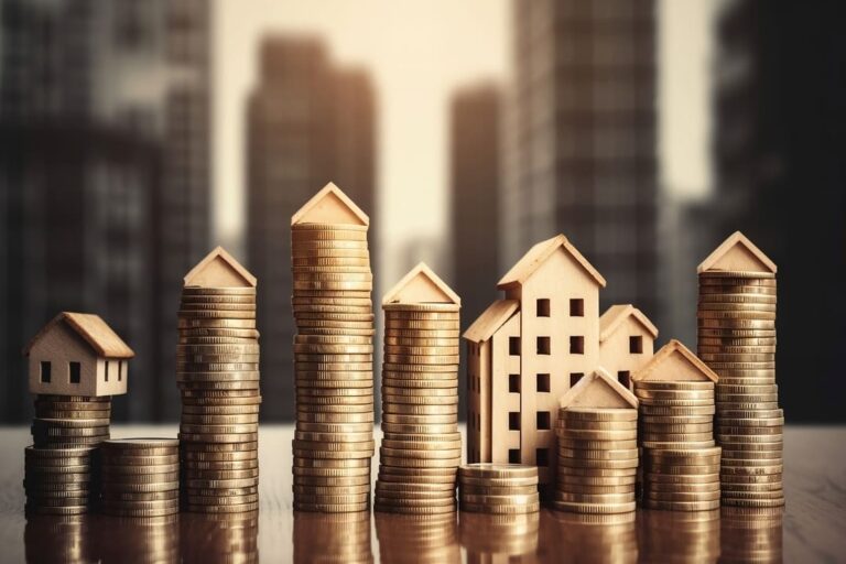 fundos imobiliários mais baratos: várias pilhas de moedas e mini-casinhas em cima e uma casa maior ao lado.