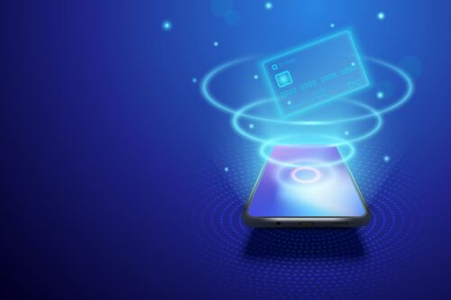 o que é crédito rotativo: um celular e um cartão virtual em cima e um fundo azul.