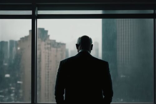 Homem de costas vestindo terno e olhando para a paisagem urbana, representando Charlie Munger.