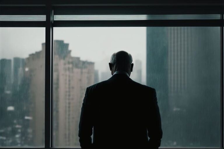 Homem de costas vestindo terno e olhando para a paisagem urbana, representando Charlie Munger.