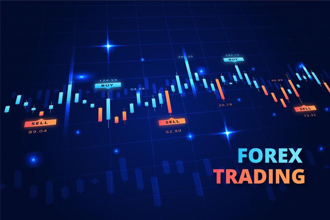 Gráficos de investimentos e texto no canto inferior direito indicando o termo "Forex Trading".
