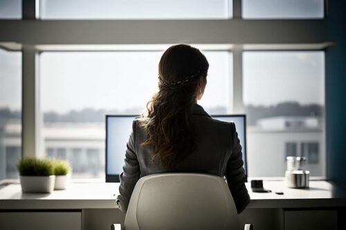 Mulher de costas sentada de frente para computador, representando a bilionária MacKenzie Scott.