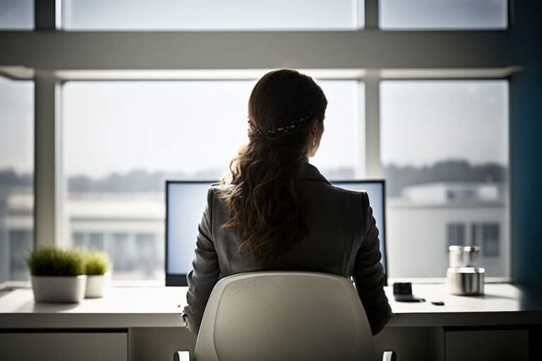 Mulher de costas sentada de frente para computador, representando a bilionária MacKenzie Scott.