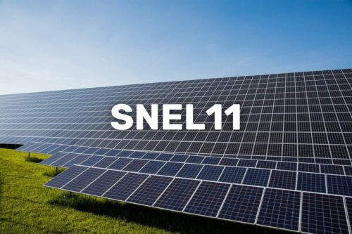 Painel solar com o texto "SNEL11", representando o fundo imobiliário SNEL11 especializado em energia limpa.
