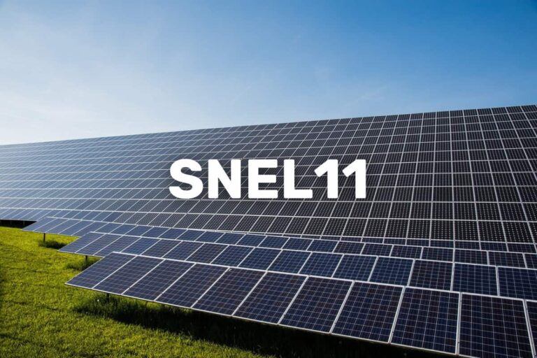 Painel solar com o texto "SNEL11", representando o fundo imobiliário SNEL11 especializado em energia limpa.
