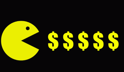 pac-man amarelo "comendo" $ em fundo preto