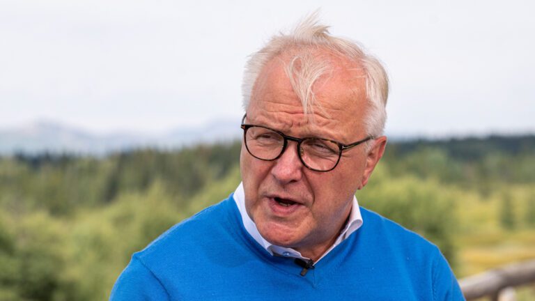 Olli Rehn de blusa azul em fundo de gramado desfocado