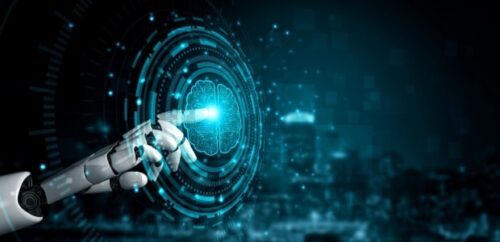 Mão de robô em um ambiente cibernético representando a inteligência artificial