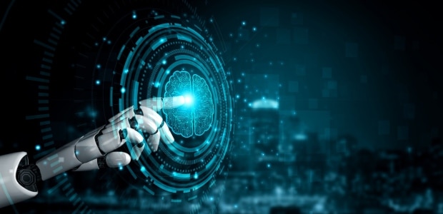 Mão de robô em um ambiente cibernético representando a inteligência artificial