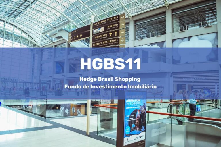 Exterior de um shopping center moderno com uma faixa de Hedge Brasil Shopping Fundo de Investimento Imobiliário (HGBS11).