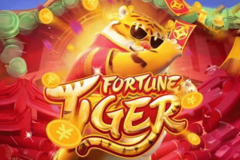 Imagem do jogo de cassino Fortune Tiger, com um tigre estilizado usando óculos escuros e cercado por elementos dourados e símbolos de sorte, representando uma experiência de aposta e diversão.