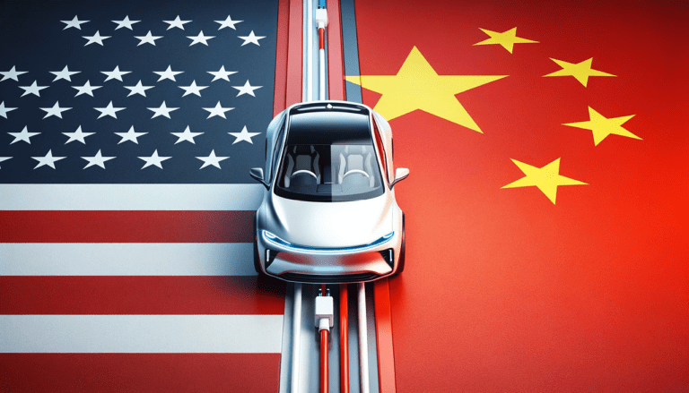 Carro passando entre a bandeira da China e dos EUA