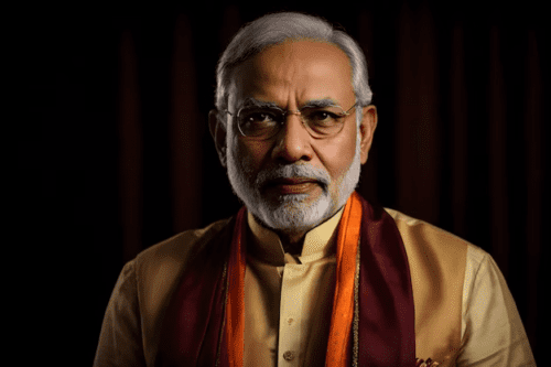 Narendra Modi na frente de uma cortina vermelha