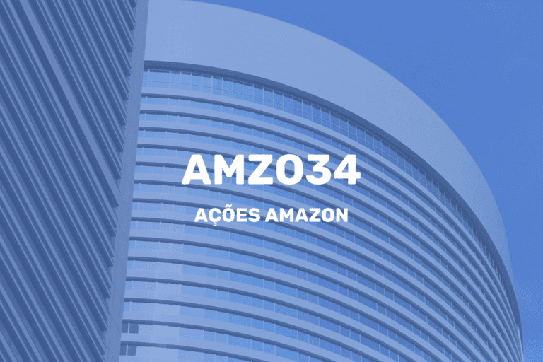 Ações da Amazon AMZO34 em um fundo azul.