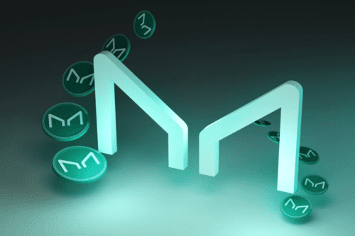 Logo da stablecoin MakerDAO em um fundo verde escuro.