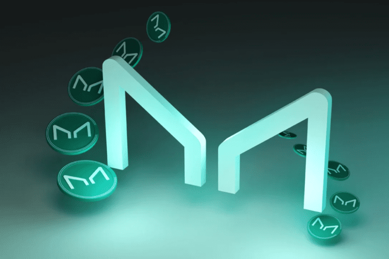 Logo da stablecoin MakerDAO em um fundo verde escuro.