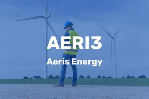 Trabalhador com capacete em frente a turbinas eólicas, texto “AERI3 Aeris Energy”.