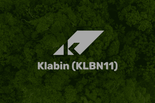 Logo da Klabin (KLBN11) sobreposto à imagem de uma floresta