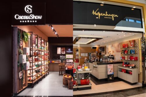 Lojas Cacau Show e Kopenhagen lado a lado em um shopping, destacando suas vitrines convidativas.