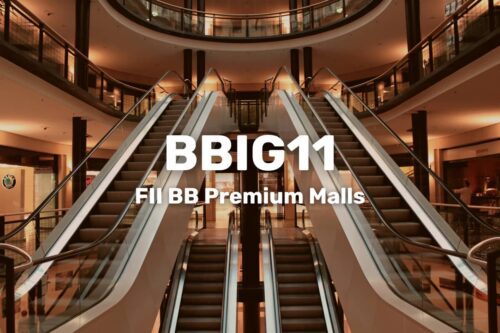 Imagem de escadas rolantes em um shopping center moderno, com o texto BBIG11 FII BB Premium Malls em destaque na parte superior central.