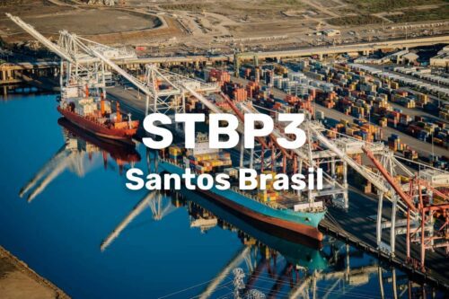 Imagem aérea com contêineres e navios atracados, destacando o código de ações STBP3 da Santos Brasil.