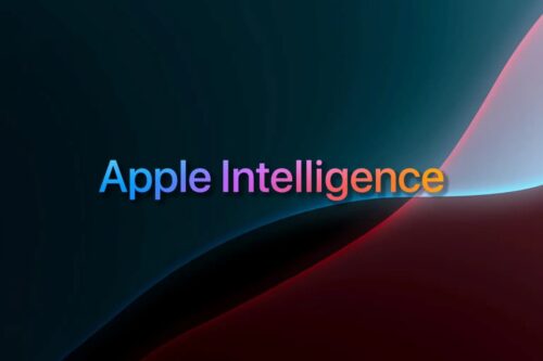 Imagem mostrando o logo colorido da Apple Intelligence sobre um fundo abstrato em tons escuros, representando inovação em IA.