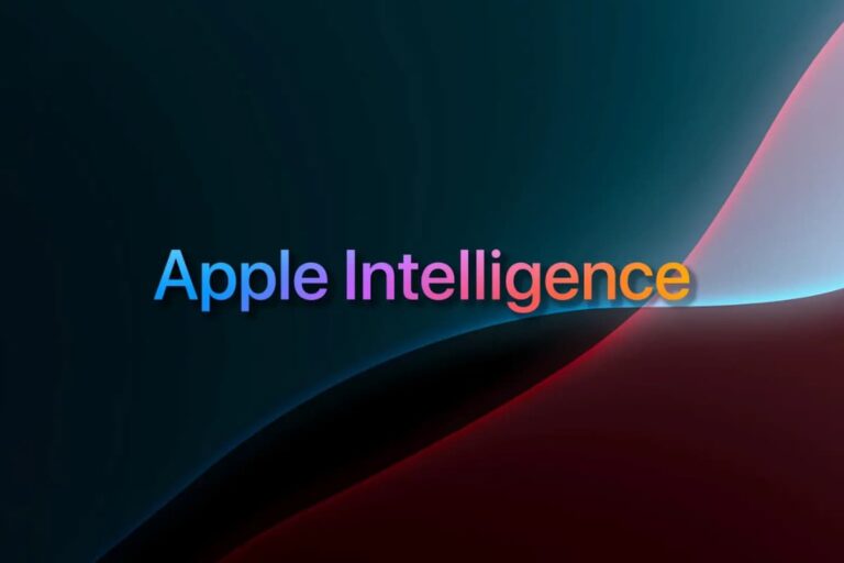 Imagem mostrando o logo colorido da Apple Intelligence sobre um fundo abstrato em tons escuros, representando inovação em IA.