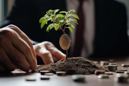 Investidor plantando uma árvore com uma moeda, representando o crescimento do mercado vegano e as oportunidades de investimento.