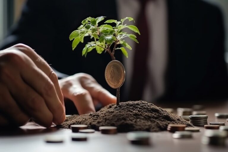 Investidor plantando uma árvore com uma moeda, representando o crescimento do mercado vegano e as oportunidades de investimento.