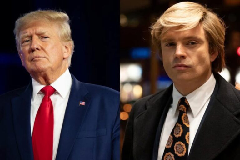 Imagem lado a lado de Donald Trump e Sebastian Stan, representando o filme "O Aprendiz", ambos sérios e formais.