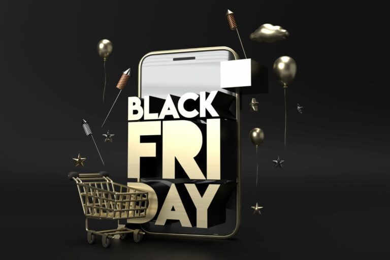 Ilustração da Black Friday com celular e carrinho de compras.