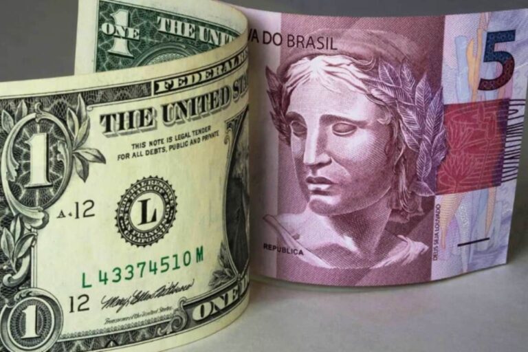 Cédulas de um dólar e cinco reais representando a alta do dólar e o impacto nas economias locais e internacionais.