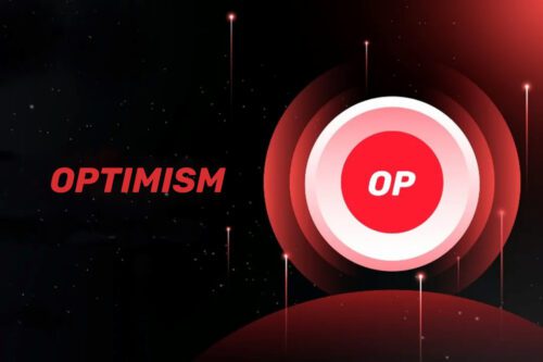 Imagem estilizada com a criptomoeda Optimism (OP), apresentando o logotipo OP em um fundo escuro com elementos gráficos vibrantes.
