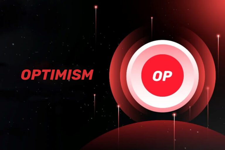 Imagem estilizada com a criptomoeda Optimism (OP), apresentando o logotipo OP em um fundo escuro com elementos gráficos vibrantes.