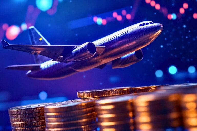 Imagem de um avião sobrevoando pilhas de moedas, simbolizando airdrops de criptomoedas em um fundo iluminado e tecnológico.