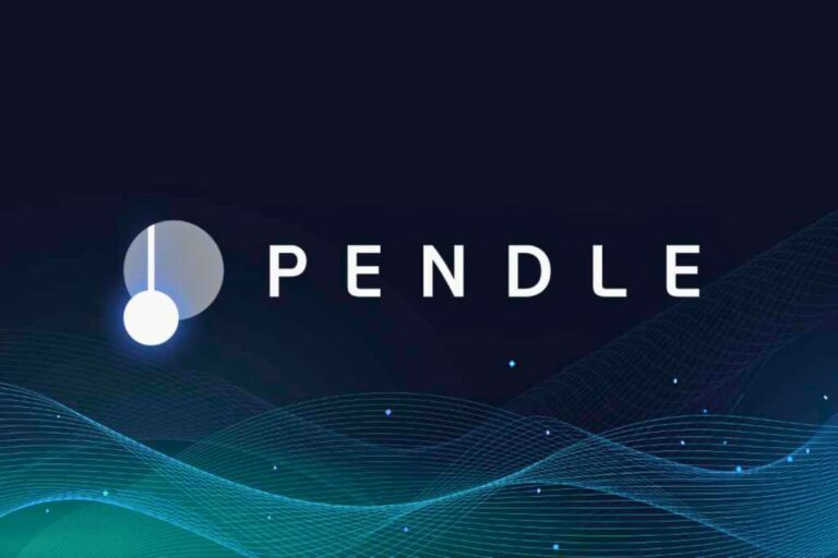 Logo minimalista da criptomoeda Pendle com fundo escuro, linhas azuis futuristas e o nome "PENDLE" em destaque com um ícone circular.