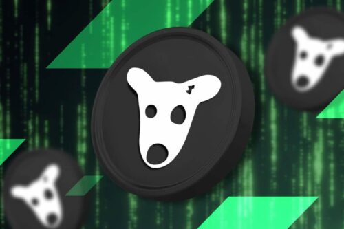 Imagem do logo DOGS crypto em preto e branco, com fundo de matriz digital verde e elementos gráficos modernos.