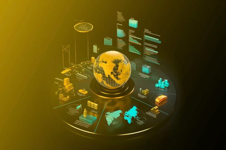 Visualização de ativos RWA com destaque para interações globais, gráficos e tecnologias integradas em um ambiente digital.
