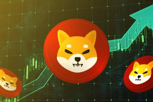 Imagem de moedas douradas com o logotipo da criptomoeda Shiba Inu (SHIB), um cão Shiba com olhos escuros e fundo vermelho.