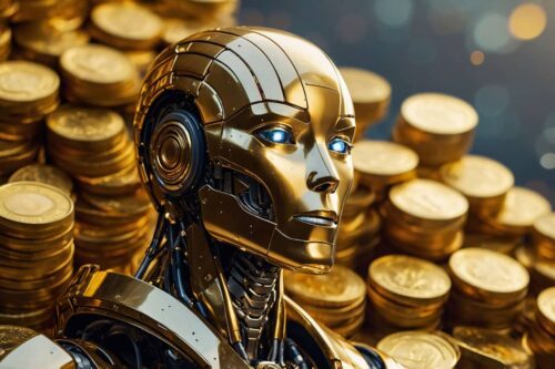 Robô dourado com olhos azuis cercado por pilhas de moedas, representando criptomoedas de inteligência artificial.